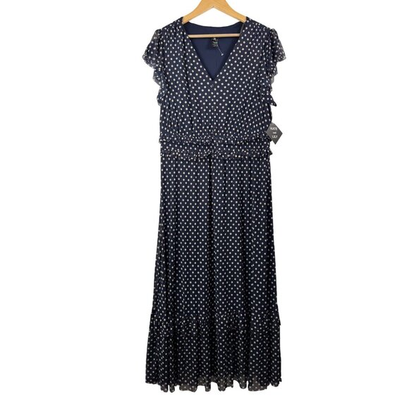Kate & Lily Navy Polka Dot Ruffle Maxi Dress 90s retro classic sz 16W - Picture 1 of 10